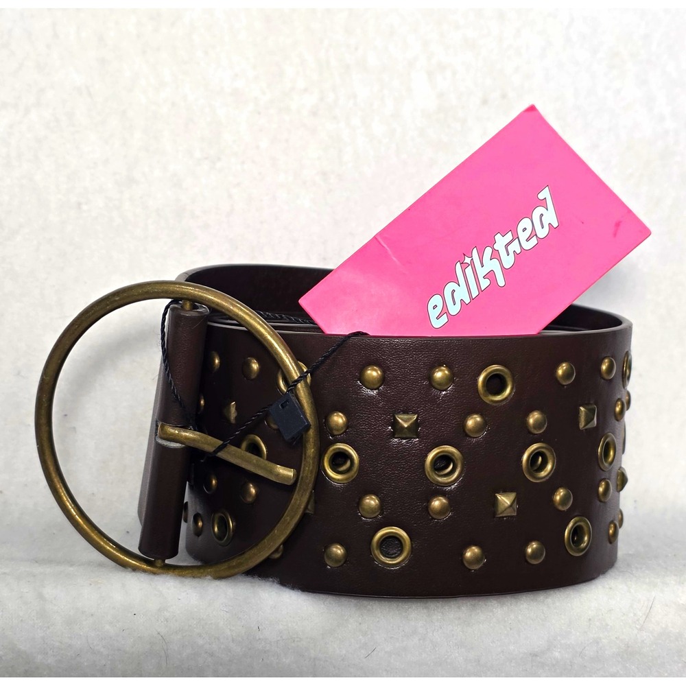 Edikted Women's Brown Wide Studded Grommet Belt Adjustable Round Buckle Size M